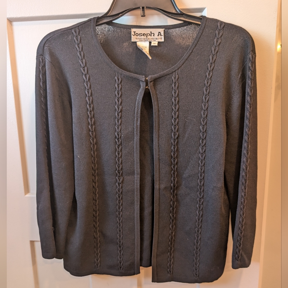 Vintage Joseph A. Black Braided-Trim Open-Front Cardigan